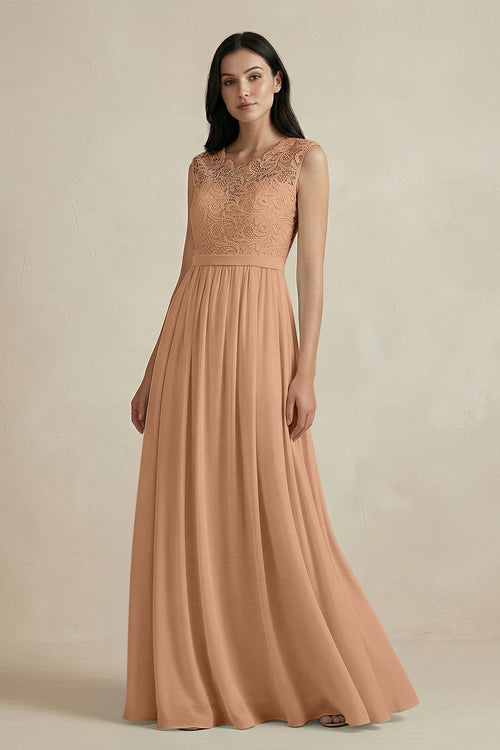 Lace Chiffon A - Line Round Neck Bridesmaid Dress in Bronzer - KissProm Bridesmaid Dresses
