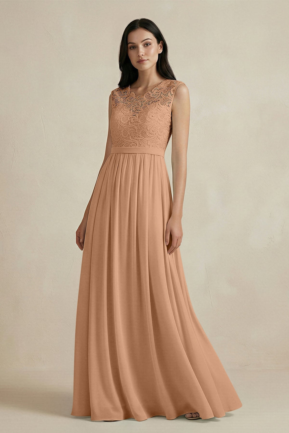 Lace Chiffon A - Line Round Neck Bridesmaid Dress in Bronzer - KissProm Bridesmaid Dresses