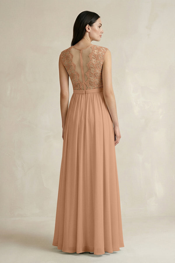 Lace Chiffon A - Line Round Neck Bridesmaid Dress in Bronzer - KissProm Bridesmaid Dresses