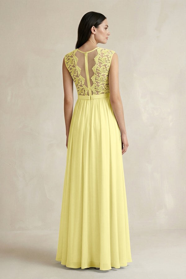 Lace Chiffon A - Line Round Neck Bridesmaid Dress in Buttercup - KissProm Bridesmaid Dresses
