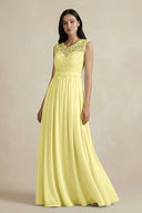 Lace Chiffon A - Line Round Neck Bridesmaid Dress in Buttercup - KissProm Bridesmaid Dresses