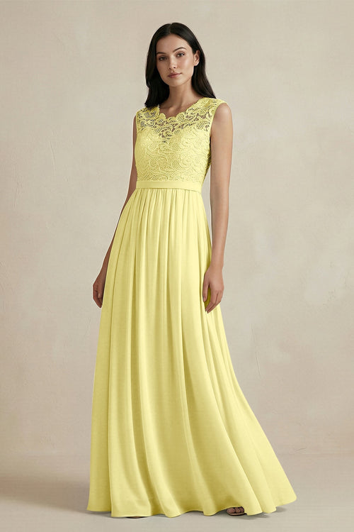 Lace Chiffon A - Line Round Neck Bridesmaid Dress in Buttercup - KissProm Bridesmaid Dresses