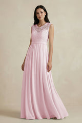 Lace Chiffon A - Line Round Neck Bridesmaid Dress in Candy Pink - KissProm Bridesmaid Dresses
