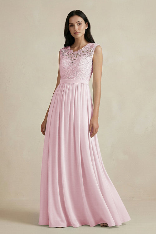 Lace Chiffon A - Line Round Neck Bridesmaid Dress in Candy Pink - KissProm Bridesmaid Dresses