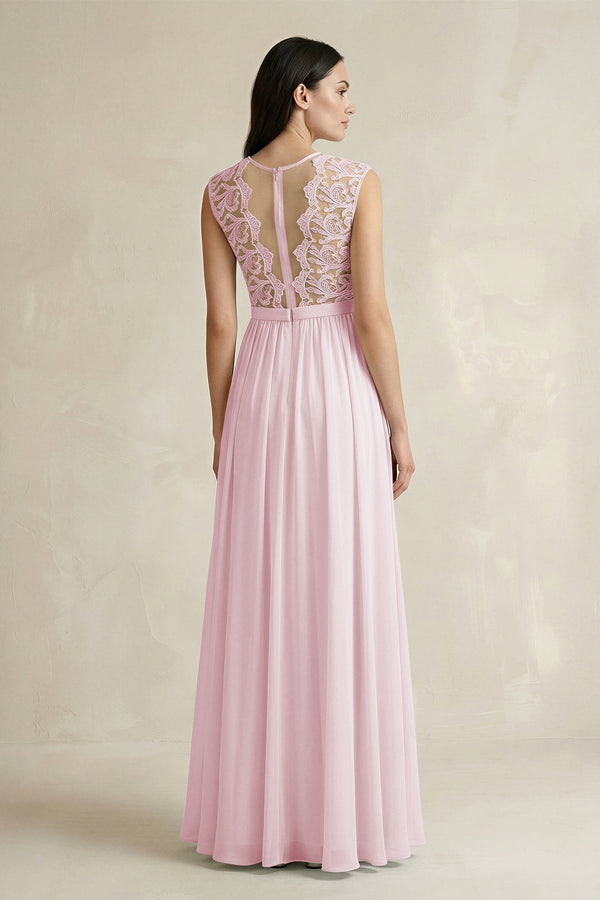Lace Chiffon A - Line Round Neck Bridesmaid Dress in Candy Pink - KissProm Bridesmaid Dresses