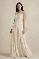 Lace Chiffon A - Line Round Neck Bridesmaid Dress in Champagne - KissProm Bridesmaid Dresses