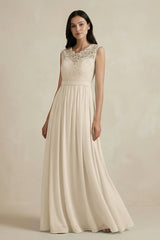 Lace Chiffon A - Line Round Neck Bridesmaid Dress in Champagne - KissProm Bridesmaid Dresses