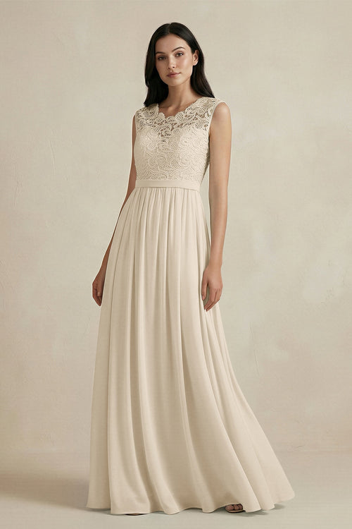 Lace Chiffon A - Line Round Neck Bridesmaid Dress in Champagne - KissProm Bridesmaid Dresses