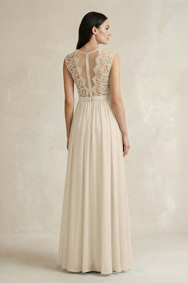 Lace Chiffon A - Line Round Neck Bridesmaid Dress in Champagne - KissProm Bridesmaid Dresses