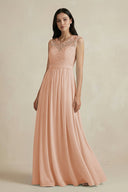 Lace Chiffon A - Line Round Neck Bridesmaid Dress in Champagne Rose - KissProm Bridesmaid Dresses