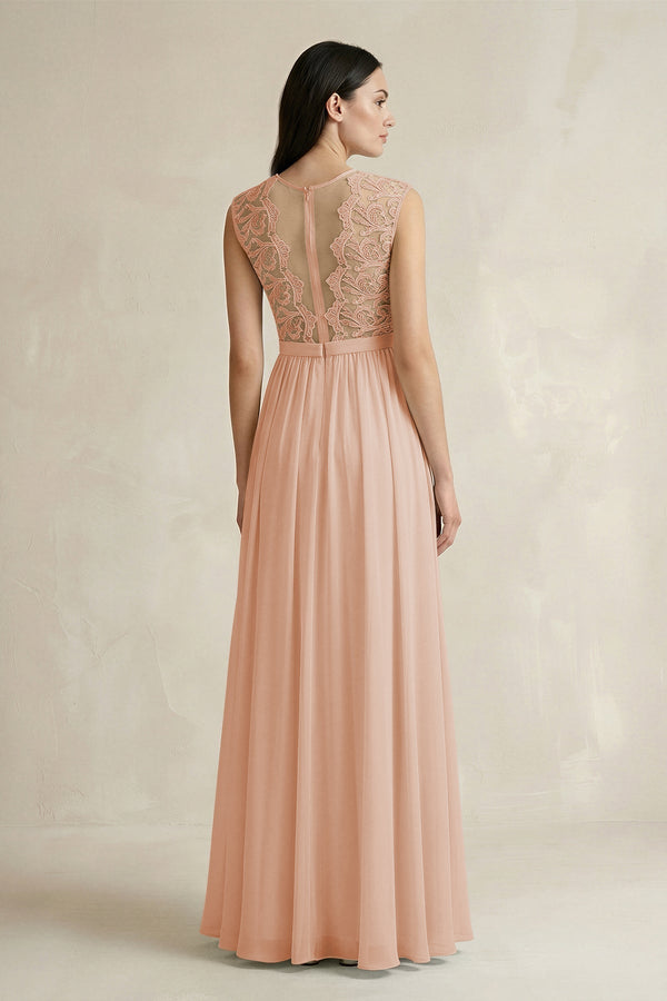 Lace Chiffon A - Line Round Neck Bridesmaid Dress in Champagne Rose - KissProm Bridesmaid Dresses