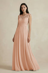 Lace Chiffon A - Line Round Neck Bridesmaid Dress in Champagne Rose - KissProm Bridesmaid Dresses