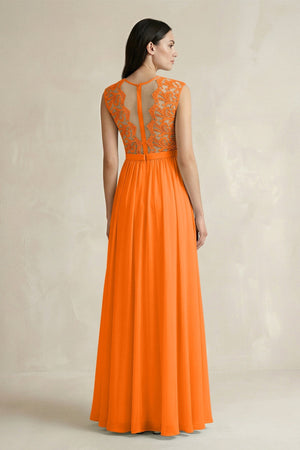 Lace Chiffon A - Line Round Neck Bridesmaid Dress in Cinnamon - KissProm Bridesmaid Dresses