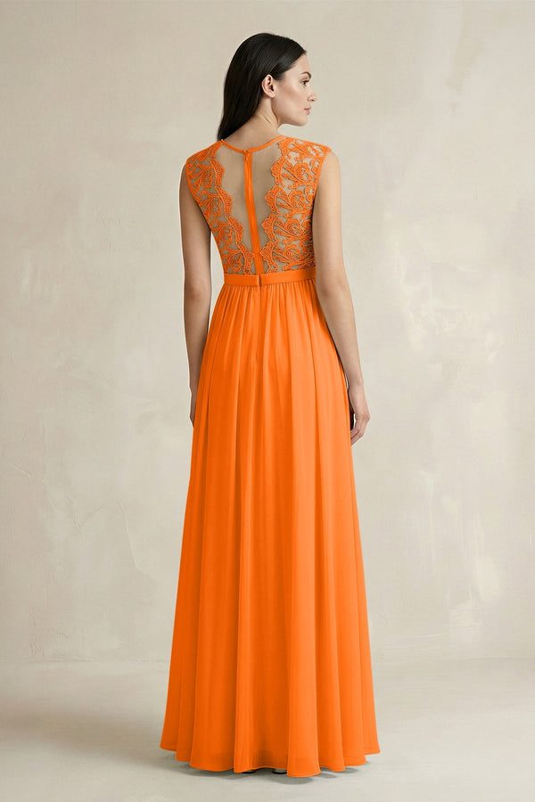 Lace Chiffon A - Line Round Neck Bridesmaid Dress in Cinnamon - KissProm Bridesmaid Dresses