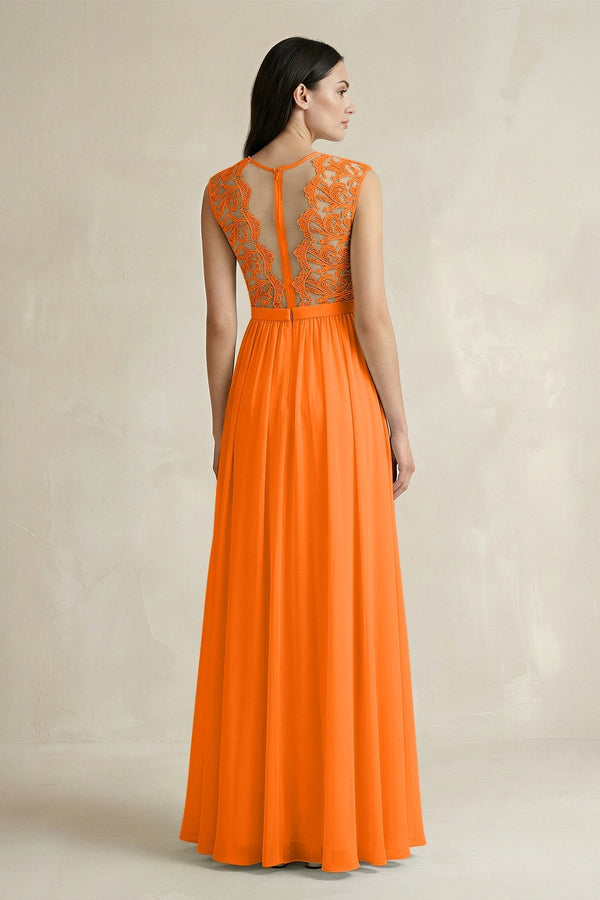 Lace Chiffon A - Line Round Neck Bridesmaid Dress in Cinnamon - KissProm Bridesmaid Dresses