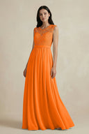 Lace Chiffon A - Line Round Neck Bridesmaid Dress in Cinnamon - KissProm Bridesmaid Dresses