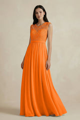 Lace Chiffon A - Line Round Neck Bridesmaid Dress in Cinnamon - KissProm Bridesmaid Dresses