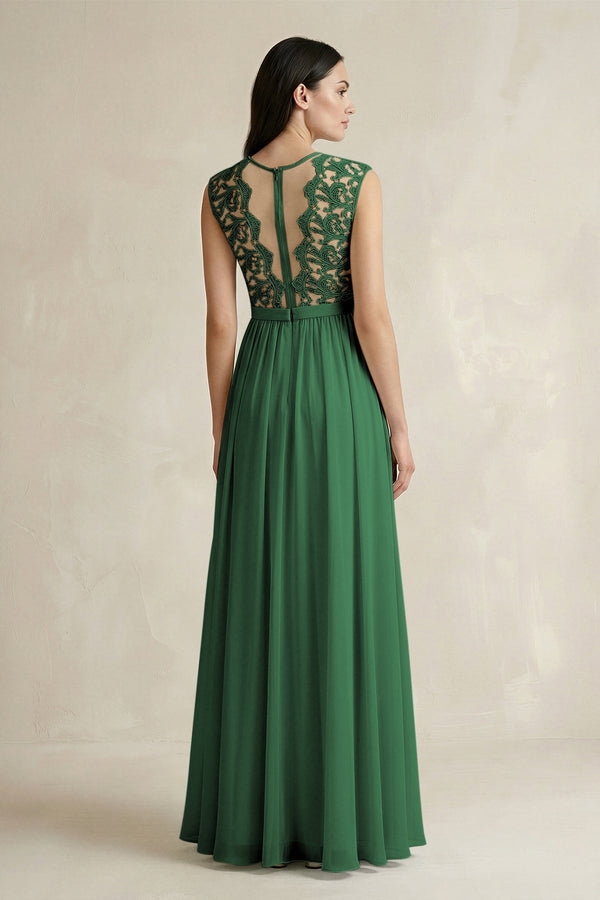 Lace Chiffon A - Line Round Neck Bridesmaid Dress in Dark Green - KissProm Bridesmaid Dresses