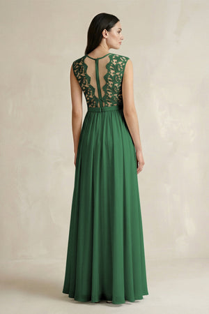 Lace Chiffon A - Line Round Neck Bridesmaid Dress in Dark Green - KissProm Bridesmaid Dresses