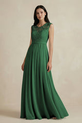 Lace Chiffon A - Line Round Neck Bridesmaid Dress in Dark Green - KissProm Bridesmaid Dresses