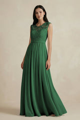 Lace Chiffon A - Line Round Neck Bridesmaid Dress in Dark Green - KissProm Bridesmaid Dresses