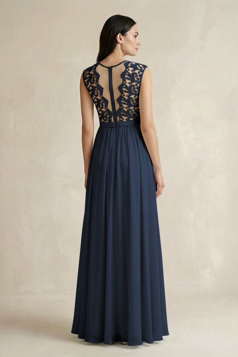 Lace Chiffon A - Line Round Neck Bridesmaid Dress in Dark Navy - KissProm Bridesmaid Dresses