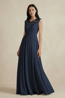 Lace Chiffon A - Line Round Neck Bridesmaid Dress in Dark Navy - KissProm Bridesmaid Dresses