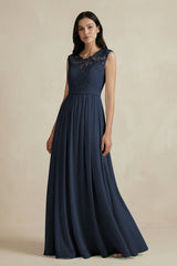 Lace Chiffon A - Line Round Neck Bridesmaid Dress in Dark Navy - KissProm Bridesmaid Dresses