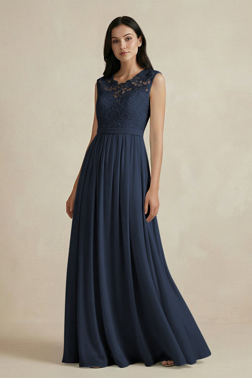 Lace Chiffon A - Line Round Neck Bridesmaid Dress in Dark Navy - KissProm Bridesmaid Dresses