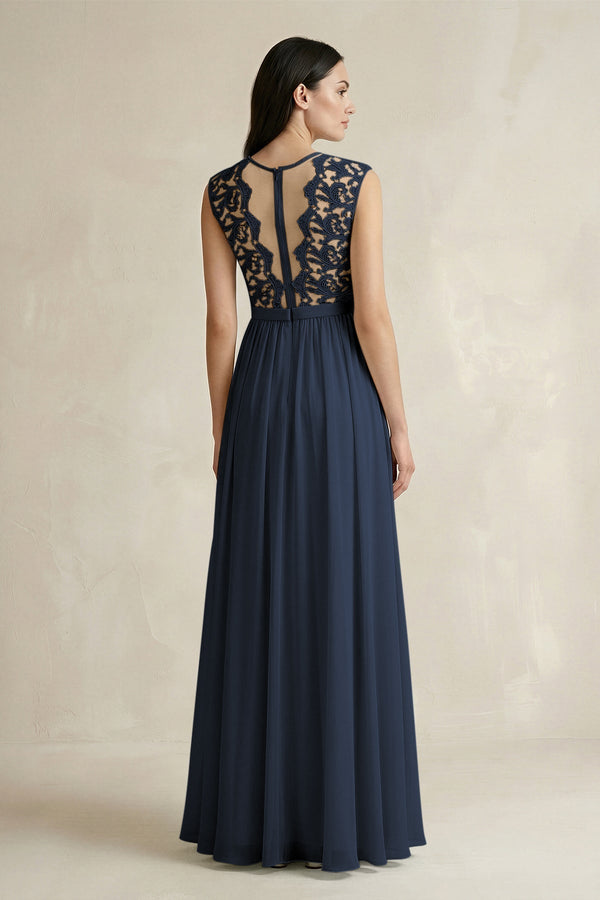 Lace Chiffon A - Line Round Neck Bridesmaid Dress in Dark Navy - KissProm Bridesmaid Dresses