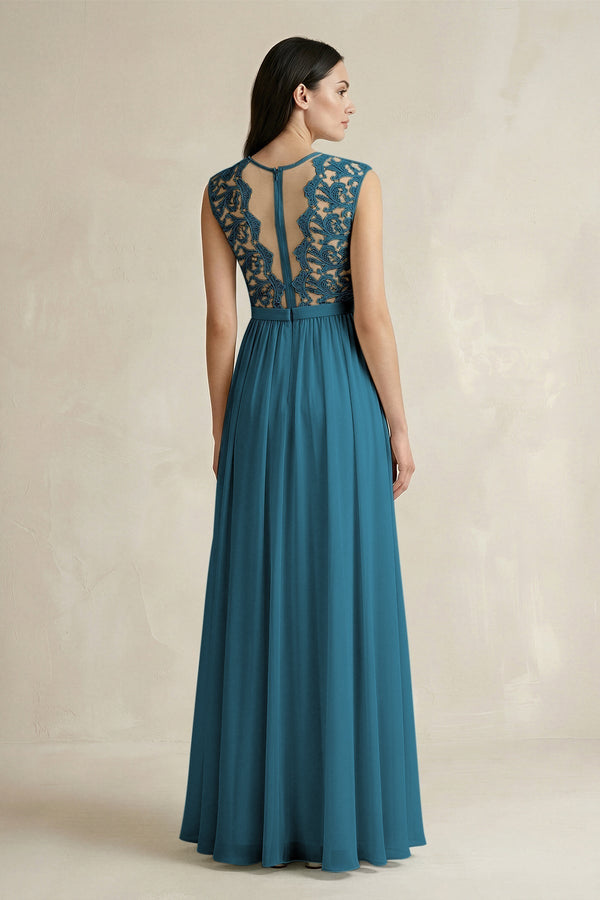 Lace Chiffon A - Line Round Neck Bridesmaid Dress in Dark Teal - KissProm Bridesmaid Dresses