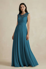 Lace Chiffon A - Line Round Neck Bridesmaid Dress in Dark Teal - KissProm Bridesmaid Dresses