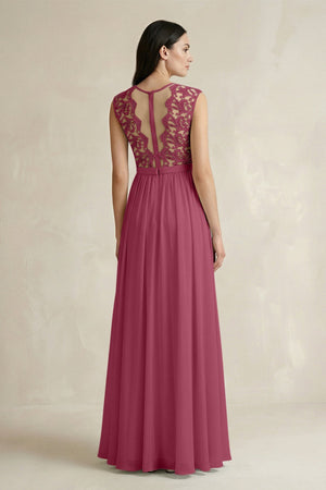 Lace Chiffon A - Line Round Neck Bridesmaid Dress in Desert Rose - KissProm Bridesmaid Dresses