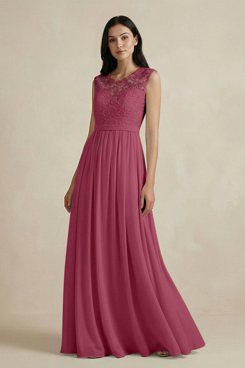 Lace Chiffon A - Line Round Neck Bridesmaid Dress in Desert Rose - KissProm Bridesmaid Dresses
