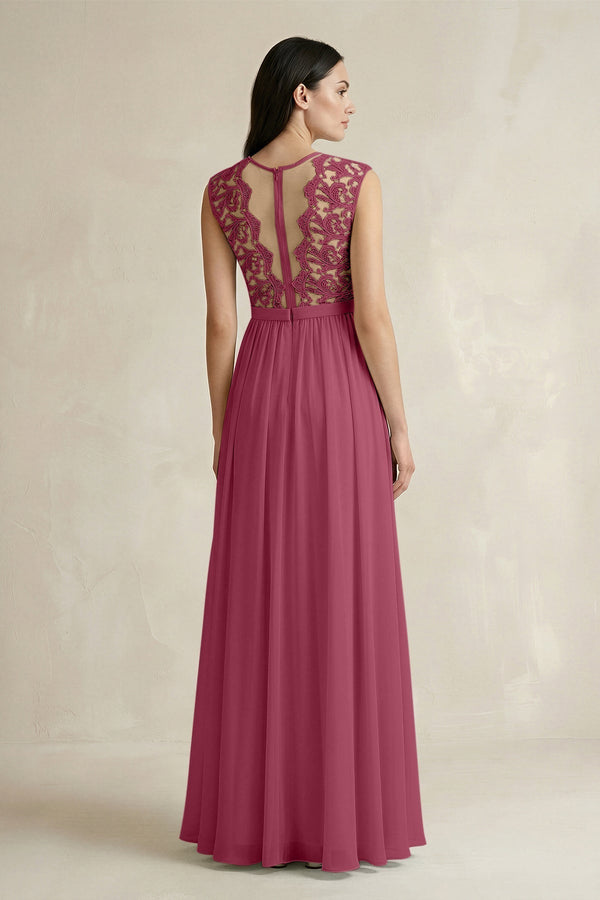 Lace Chiffon A - Line Round Neck Bridesmaid Dress in Desert Rose - KissProm Bridesmaid Dresses