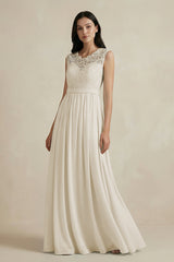 Lace Chiffon A - Line Round Neck Bridesmaid Dress in Dove Gray - KissProm Bridesmaid Dresses