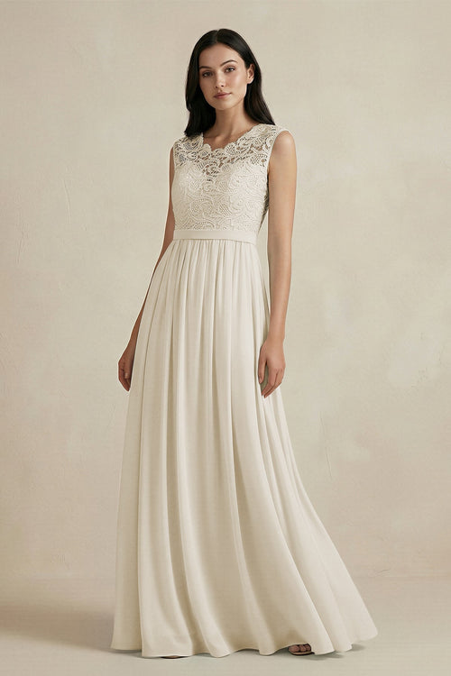 Lace Chiffon A - Line Round Neck Bridesmaid Dress in Dove Gray - KissProm Bridesmaid Dresses