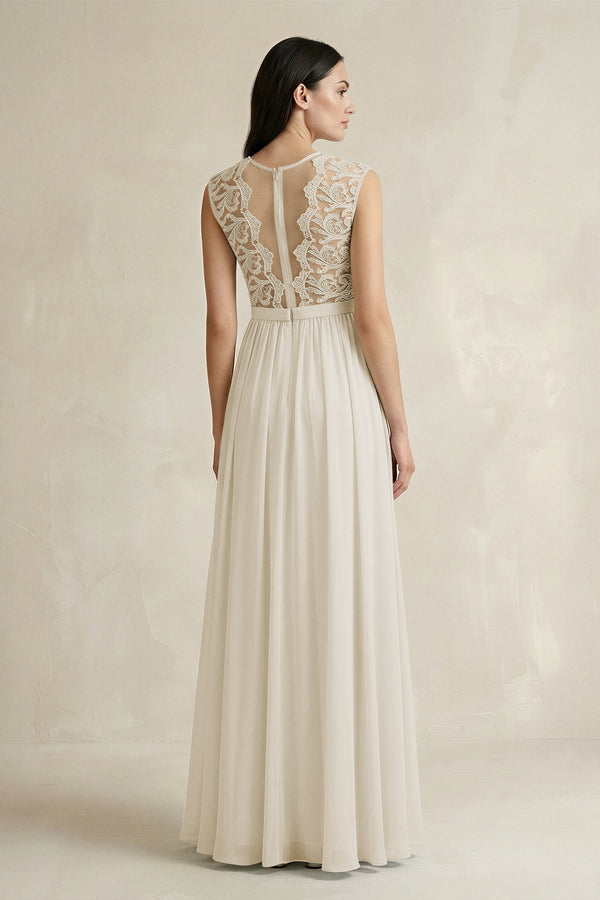 Lace Chiffon A - Line Round Neck Bridesmaid Dress in Dove Gray - KissProm Bridesmaid Dresses