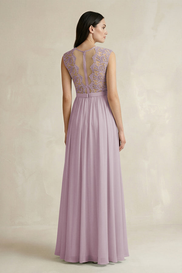 Lace Chiffon A - Line Round Neck Bridesmaid Dress in Dusk - KissProm Bridesmaid Dresses