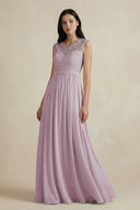Lace Chiffon A - Line Round Neck Bridesmaid Dress in Dusk - KissProm Bridesmaid Dresses