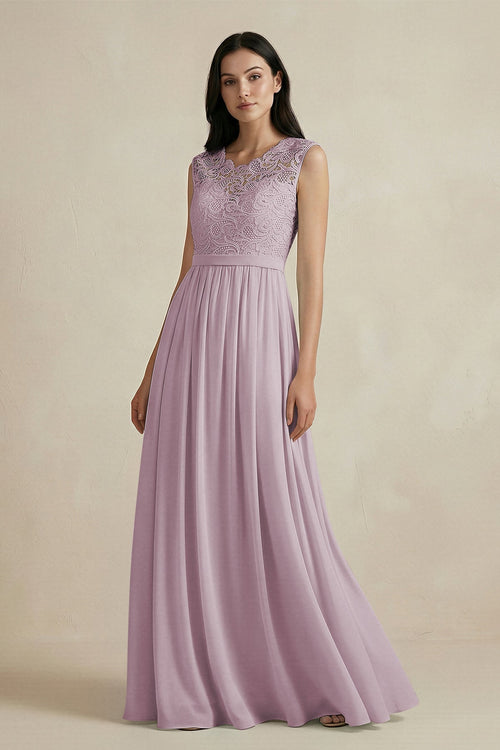 Lace Chiffon A - Line Round Neck Bridesmaid Dress in Dusk - KissProm Bridesmaid Dresses