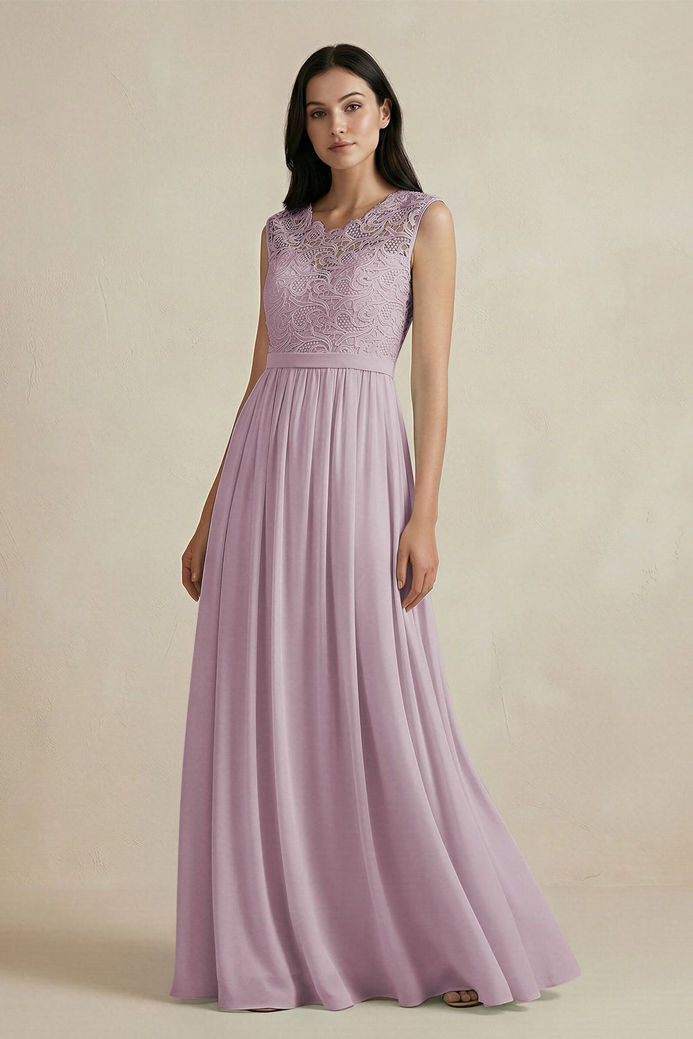 Lace Chiffon A - Line Round Neck Bridesmaid Dress in Dusk - KissProm Bridesmaid Dresses