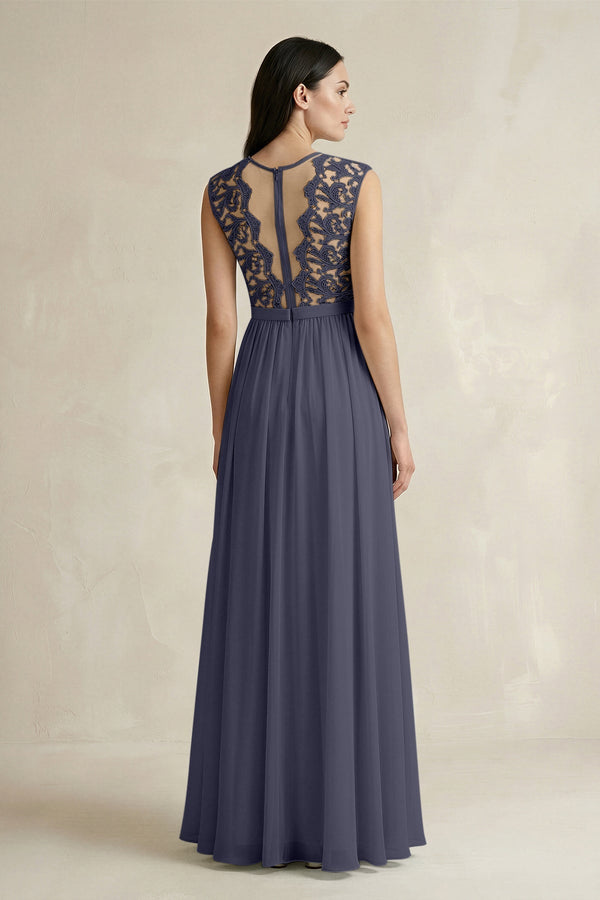 Lace Chiffon A - Line Round Neck Bridesmaid Dress in Dusk Blue - KissProm Bridesmaid Dresses