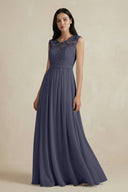 Lace Chiffon A - Line Round Neck Bridesmaid Dress in Dusk Blue - KissProm Bridesmaid Dresses