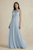 Lace Chiffon A - Line Round Neck Bridesmaid Dress in Dusty Blue - KissProm Bridesmaid Dresses