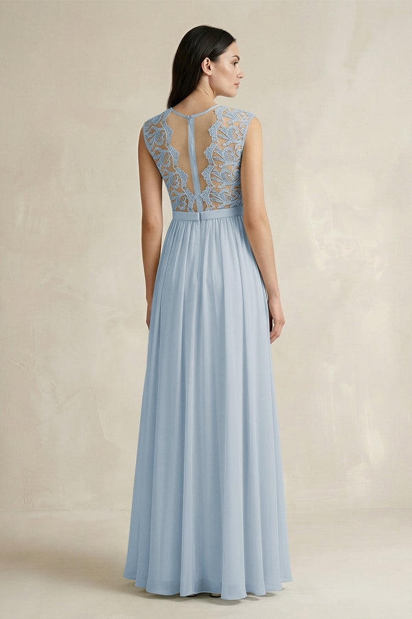 Lace Chiffon A - Line Round Neck Bridesmaid Dress in Dusty Blue - KissProm Bridesmaid Dresses