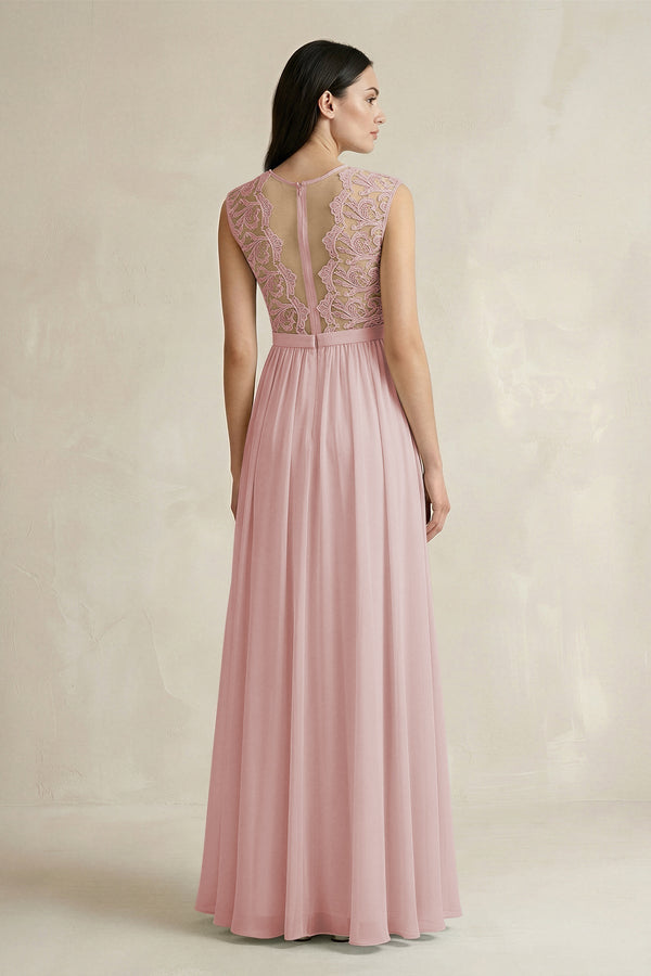 Lace Chiffon A - Line Round Neck Bridesmaid Dress in Dusty Rose - KissProm Bridesmaid Dresses