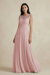 Lace Chiffon A - Line Round Neck Bridesmaid Dress in Dusty Rose - KissProm Bridesmaid Dresses