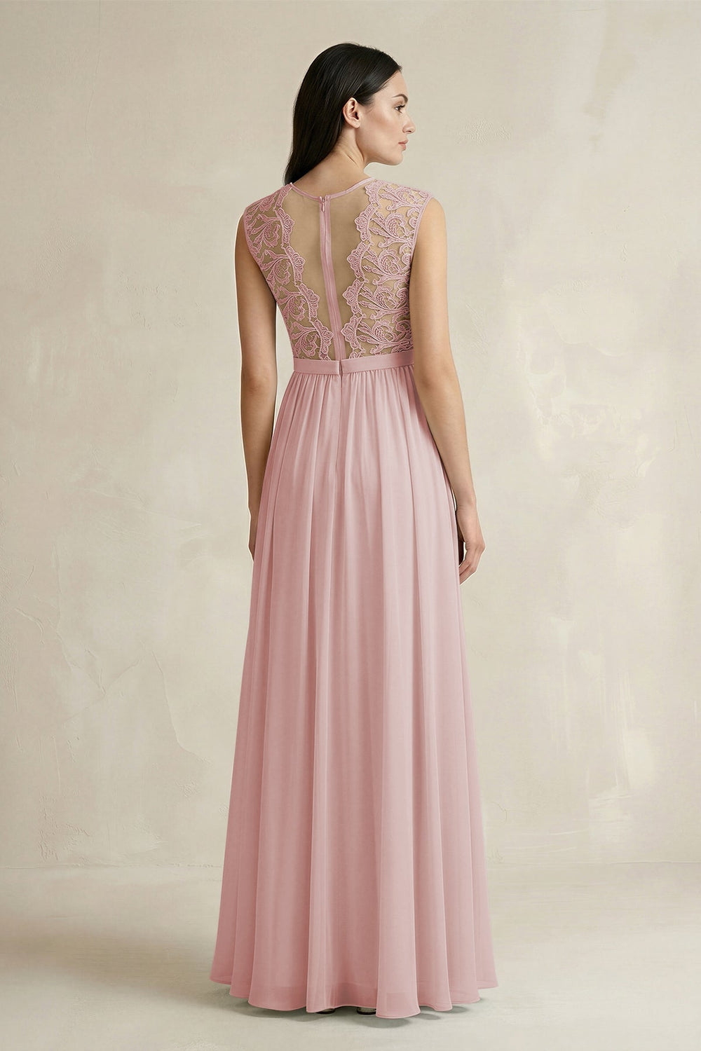 Lace Chiffon A - Line Round Neck Bridesmaid Dress in Dusty Rose - KissProm Bridesmaid Dresses
