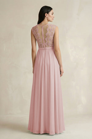 Lace Chiffon A - Line Round Neck Bridesmaid Dress in Dusty Rose - KissProm Bridesmaid Dresses